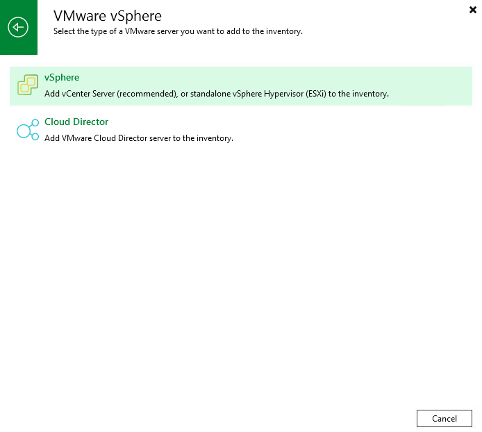 Veeam Backup select vSphere or VMware Cloud Director option