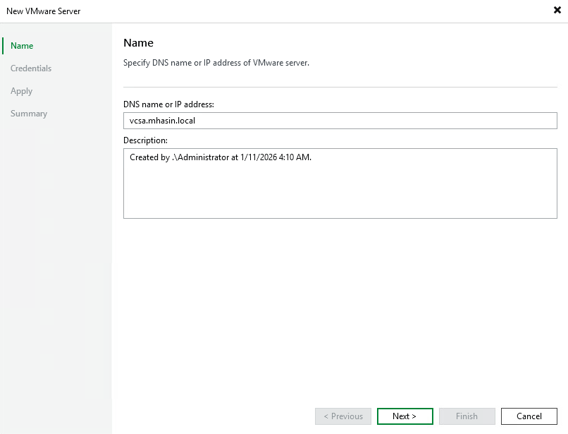 Veeam Backup New VMware Server wizard enter vCenter DNS name or IP address