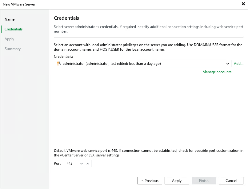 Veeam Backup VMware Server credentials administrator account port 443