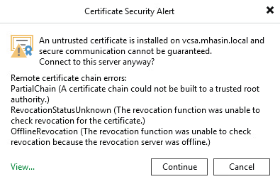 Veeam Backup certificate security alert untrusted vCenter SSL certificate