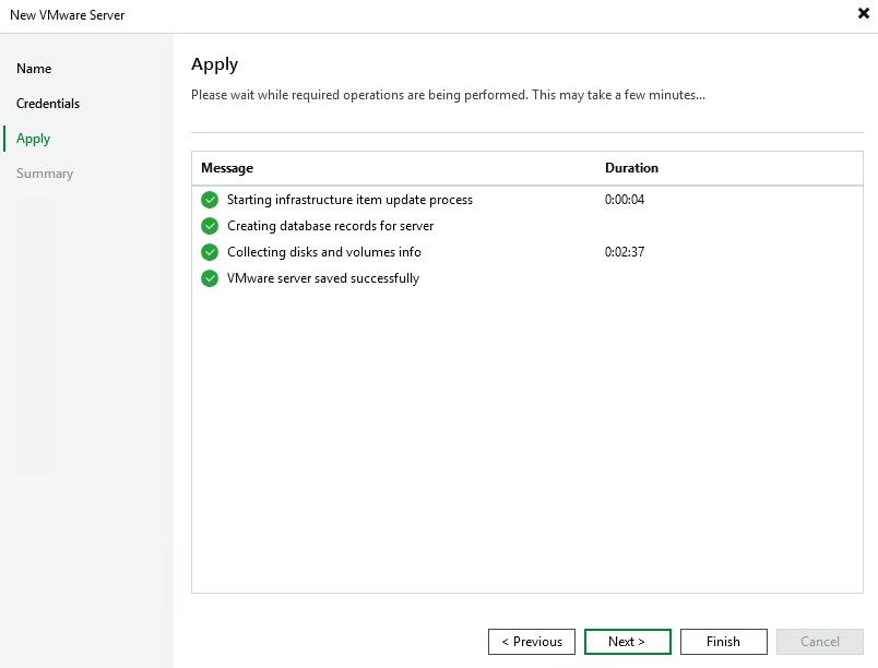 Veeam Backup VMware Server apply connecting creating database records