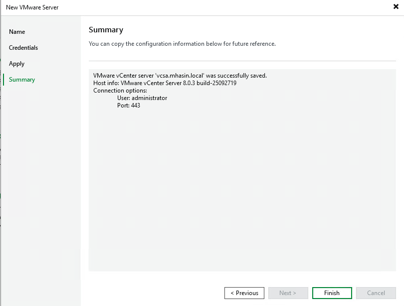 Veeam Backup VMware vCenter Server successfully saved summary finish