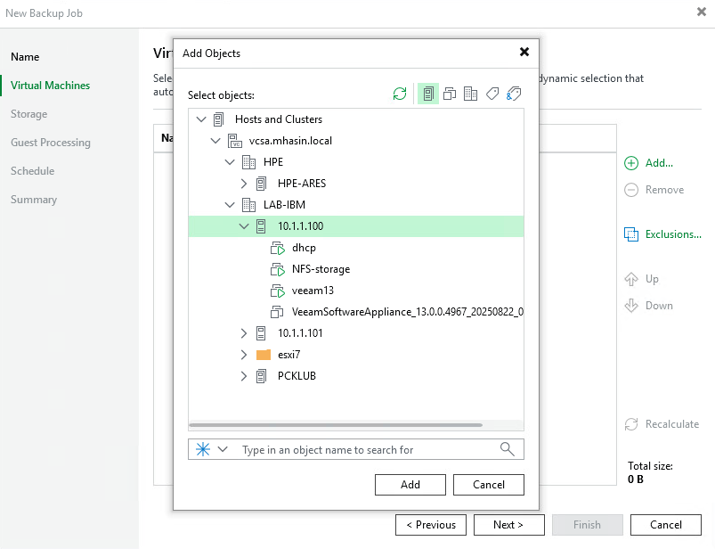 Veeam Add Objects dialog selecting virtual machines from vCenter hierarchy for backup