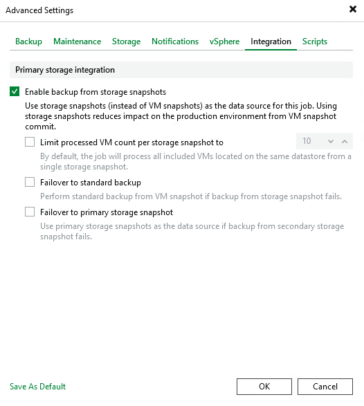Veeam Advanced Settings Integration tab with storage snapshots configuration