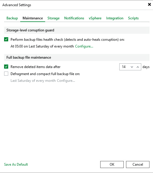 Veeam Advanced Settings Maintenance tab with health check and deleted items retention