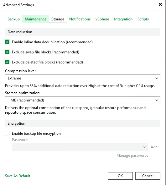 Veeam Advanced Settings Storage tab with deduplication compression and encryption options