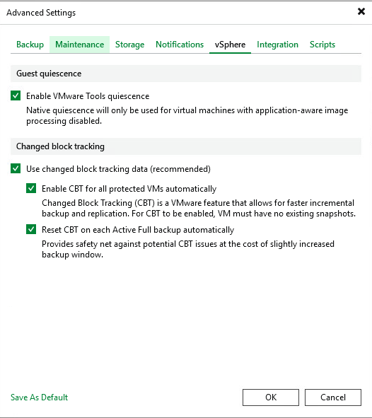 Veeam Advanced Settings vSphere tab with VMware Tools quiescence and Changed Block Tracking CBT