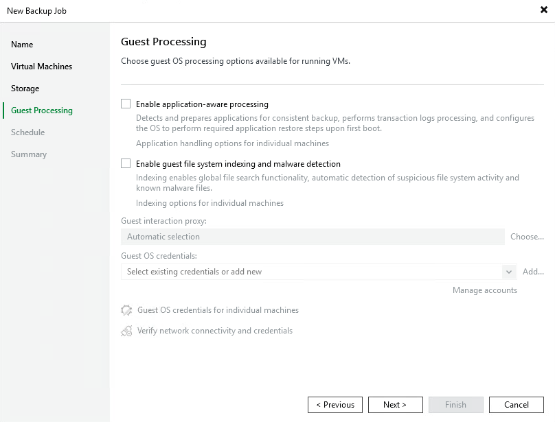 Veeam Backup Job Guest Processing step with application-aware processing and malware detection