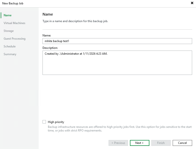 Veeam New Backup Job wizard Name step entering job name and description
