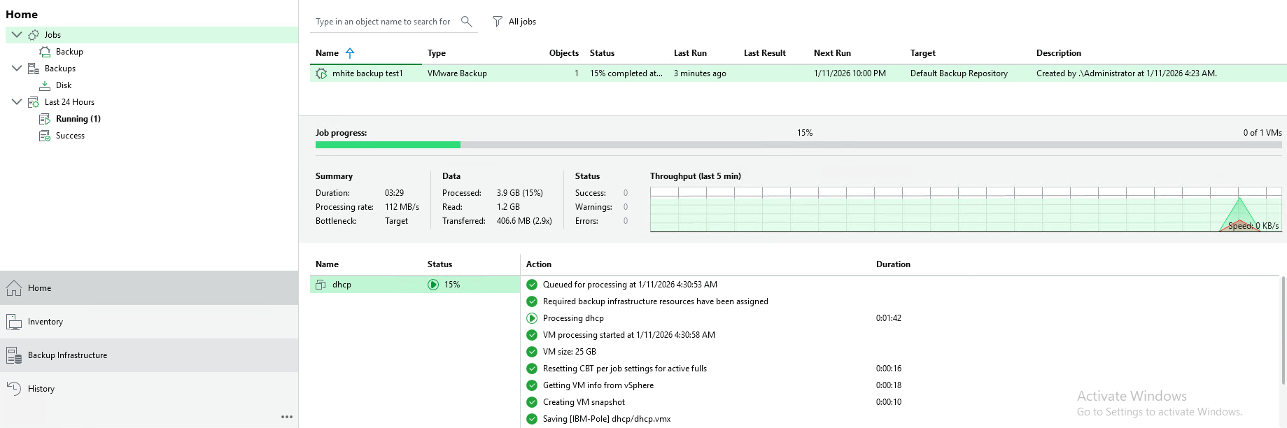 Veeam Backup Job running showing 15 percent progress with VM processing details and throughput