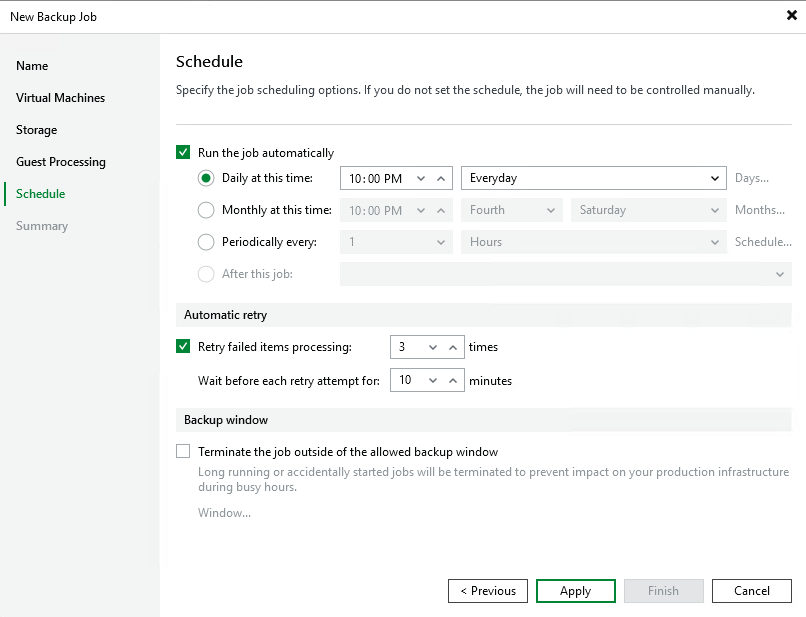 Veeam Backup Job Schedule step with daily automatic backup at 10 PM and retry settings