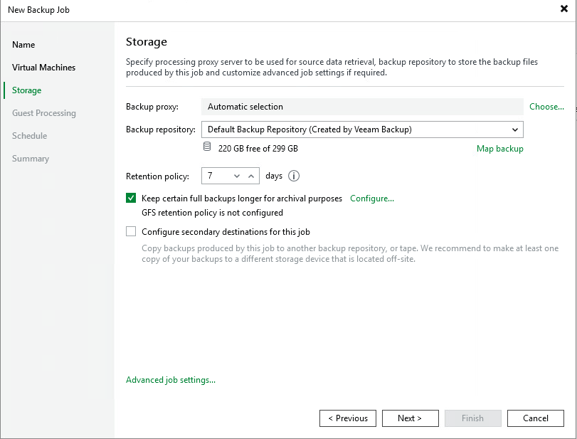 Veeam Backup Job Storage step configuring backup proxy repository and retention policy