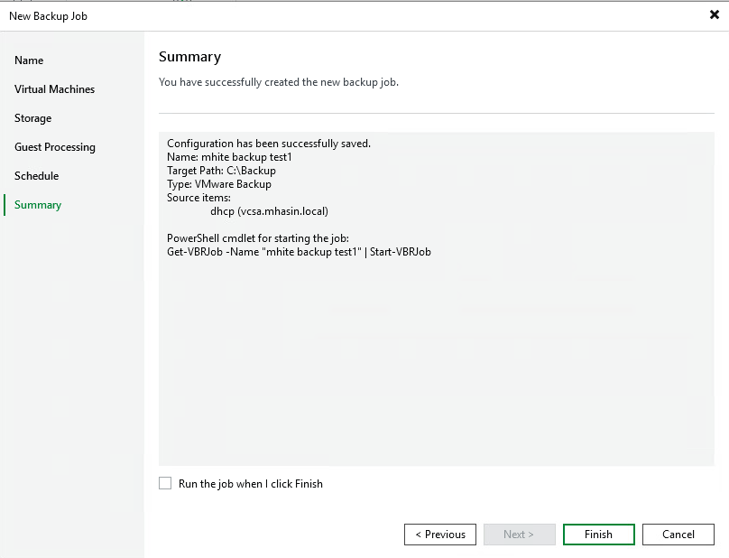 Veeam Backup Job Summary step showing successfully created backup job with PowerShell cmdlet