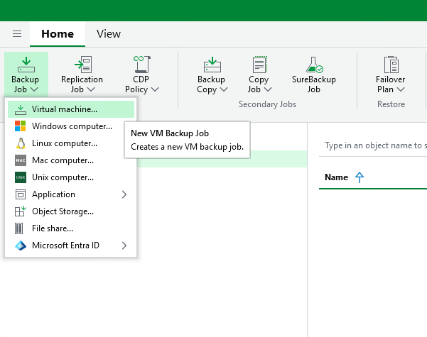 Veeam Backup Job dropdown menu selecting Virtual machine option for VM backup