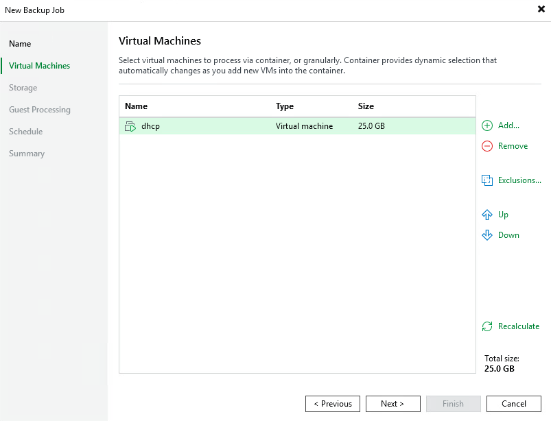 Veeam Backup Job Virtual Machines step showing selected VM with size 25 GB