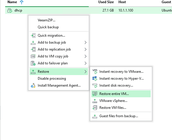 Veeam right-click context menu showing Restore entire VM option