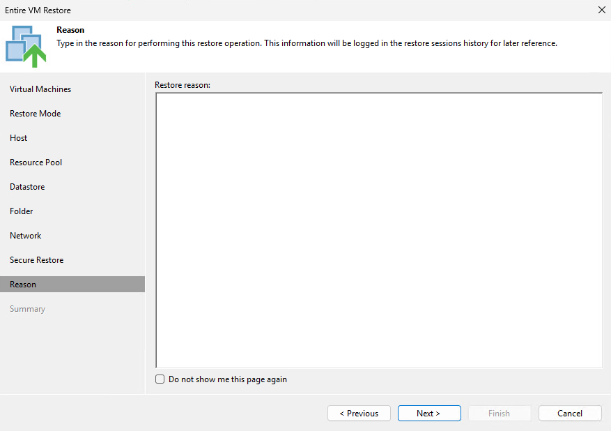 Veeam Entire VM Restore wizard Reason step for audit logging restore operations