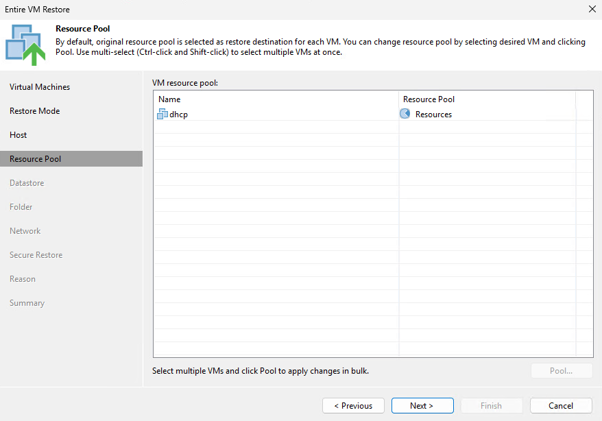 Veeam Entire VM Restore wizard Resource Pool selection for restored VM