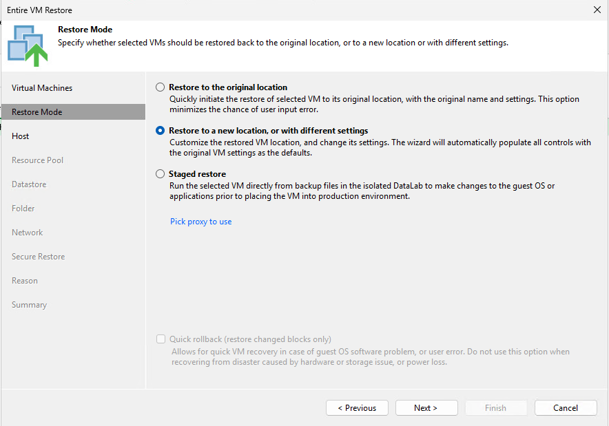 Veeam Entire VM Restore wizard Restore Mode with original location new location and staged restore options