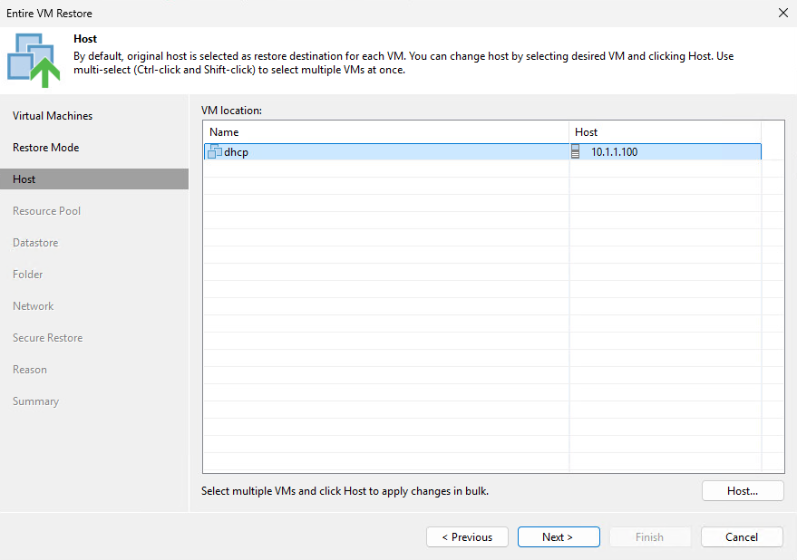 Veeam Entire VM Restore wizard Host selection for restore destination ESXi server