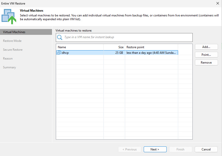 Veeam Entire VM Restore wizard selecting virtual machine and restore point