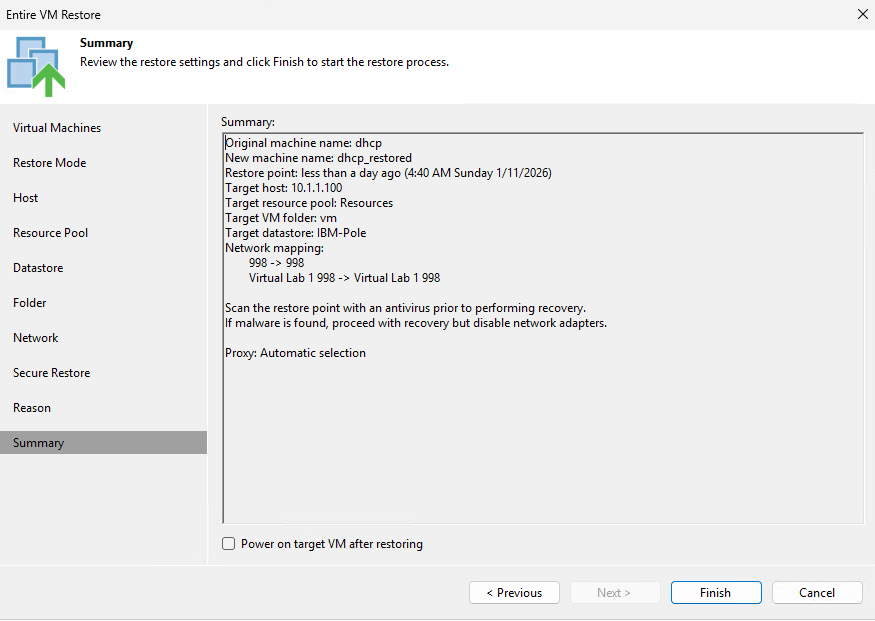 Veeam Entire VM Restore wizard Summary showing all restore settings before execution