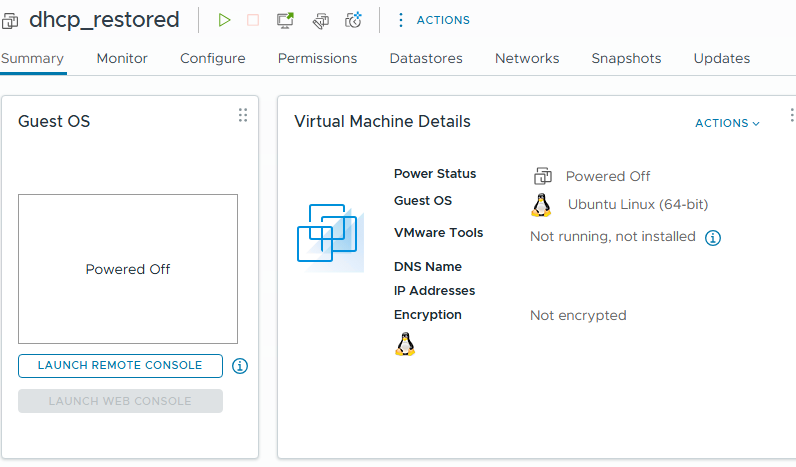 VMware vCenter showing successfully restored virtual machine with _restored suffix
